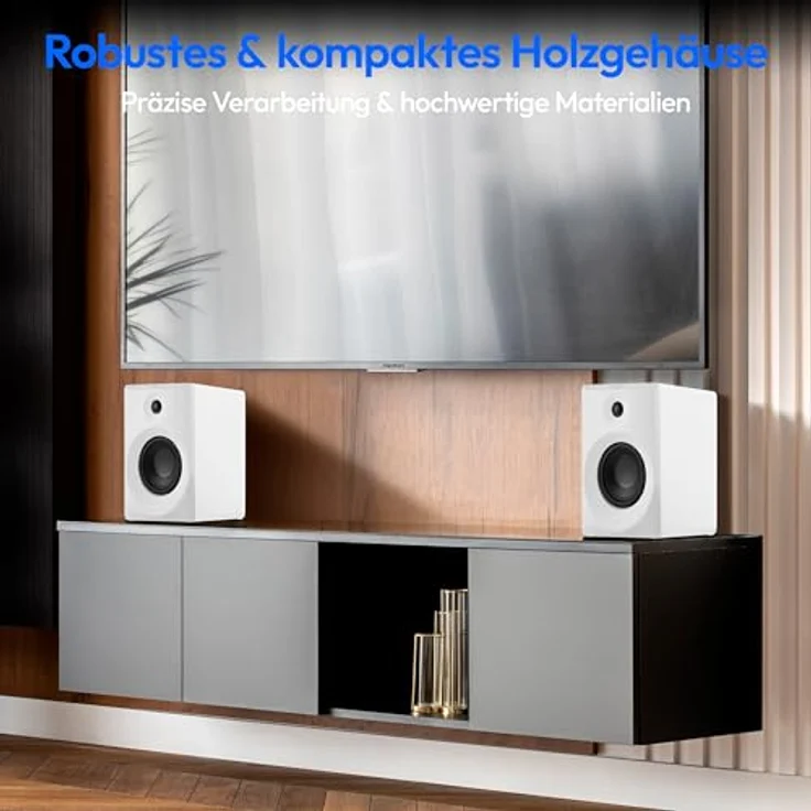 MEDION P61925 Regallautsprecher (aktiv und passiv, Holzgehäuse, 2 Wege System, Bluetooth, integriertem Hochtöner und Subwoofer, Drehregler, optischer Eingang SPDIF, Line In RCA, 2X 50 Watt RMS) weiß – Bild 5