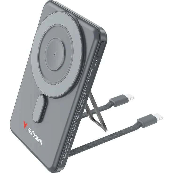 Verbatim Charge 'n' Go 2C Powerbank, 5000mAh, kabelloses Laden mit Ständer, grau
