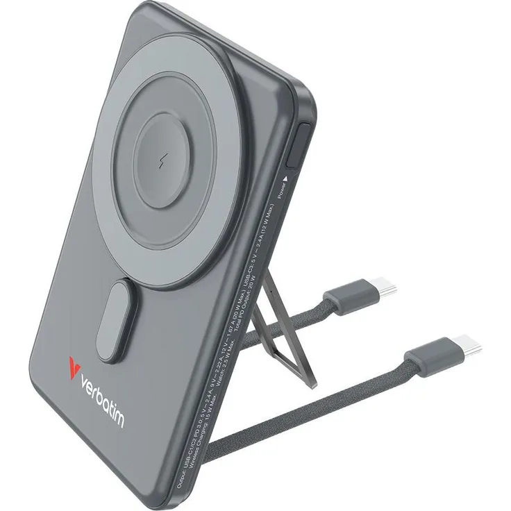 Verbatim Charge 'n' Go 2C Powerbank, 5000mAh, kabelloses Laden mit Ständer, grau