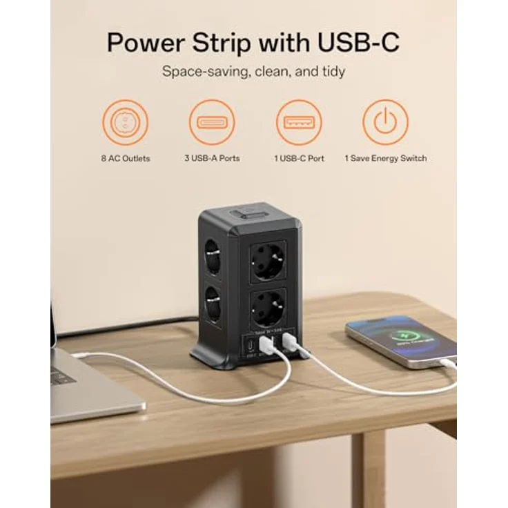 KEMELO Mehrfachsteckdose 12 IN 1, 8 Fach Steckdosenleiste mit 4 USB-A und 1 USB-C, 2M Verlängerungskabel, kompaktes Turmdesign mit Überspannungsschutz, für Zuhause und Büro – Bild 2