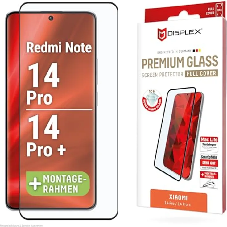 Displex Premium Schutzglas (Full Cover, 10H) für Xiaomi Redmi Note 14 Pro(+), Tempered Glas, kratzer-resistente Schutzfolie, hüllenfreundlich
