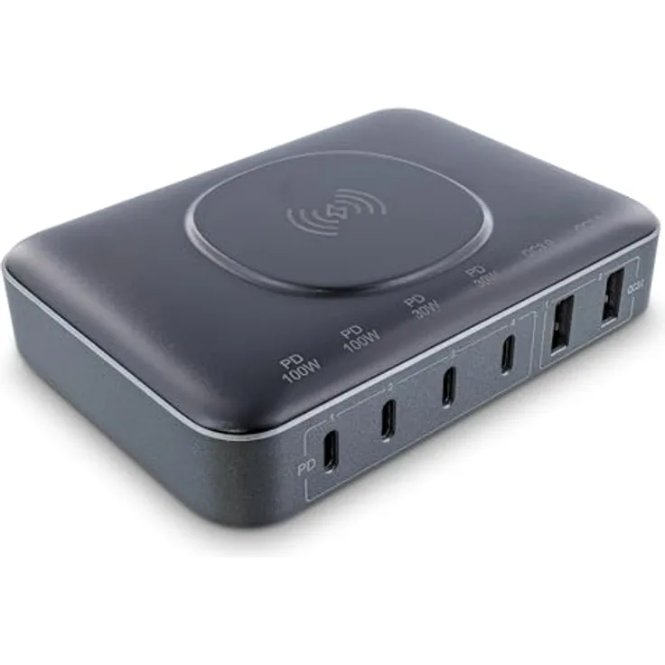 InLine® Qi Powerstation Multiport, 6-Port Netzteil & Ladegerät mit 100W, Wireless Charging, Schwarz