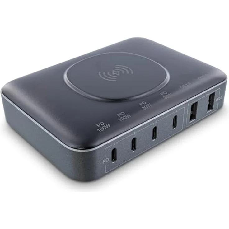 InLine® Qi Powerstation Multiport, 6-Port Netzteil & Ladegerät mit 100W, Wireless Charging, Schwarz – Bild 1