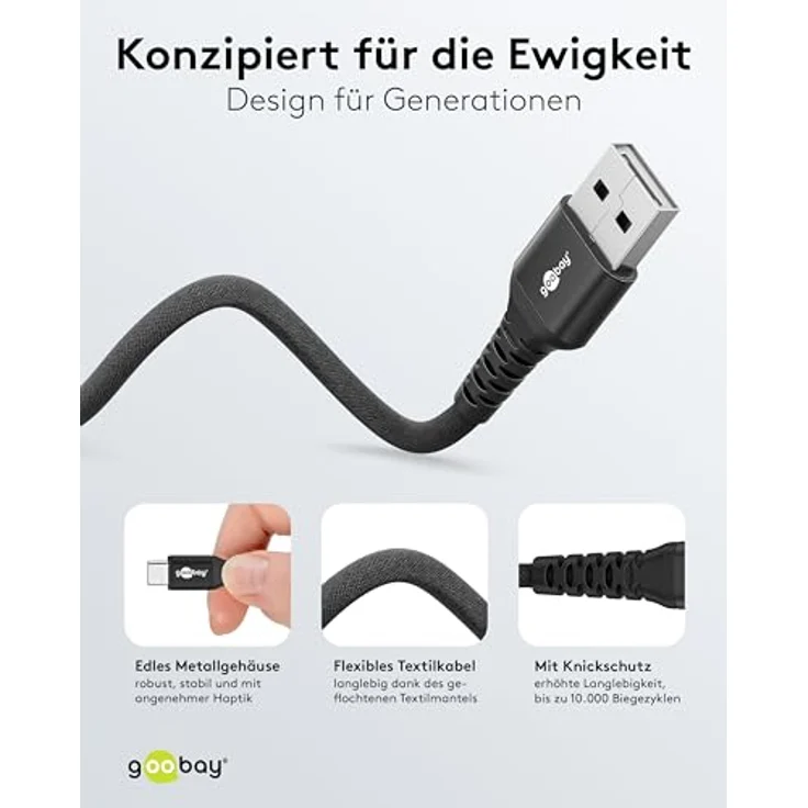 goobay USB-A auf USB-C 60W / 2m Flexibles Textilkabel 480 Mbits Ladekabel Schwarz - Samsung, Xiaomi, Google, Nothing Phone USB A auf C Kabel / Supersoft – Bild 4