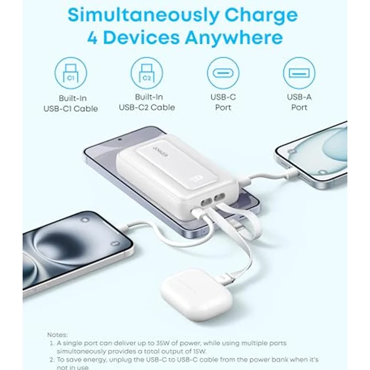 Anker Zolo Powerbank, 10000mAh, 35W Max, 2 integrierte USB-C Kabel, portabel und leicht – Bild 4