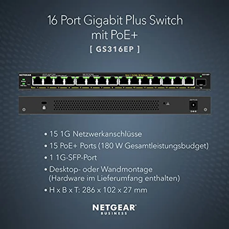 NetGear GS316EP 16-Port PoE+ Gigabit Eth Plus Switch PoE+ 180W, GS316EP-100PES – Bild 2