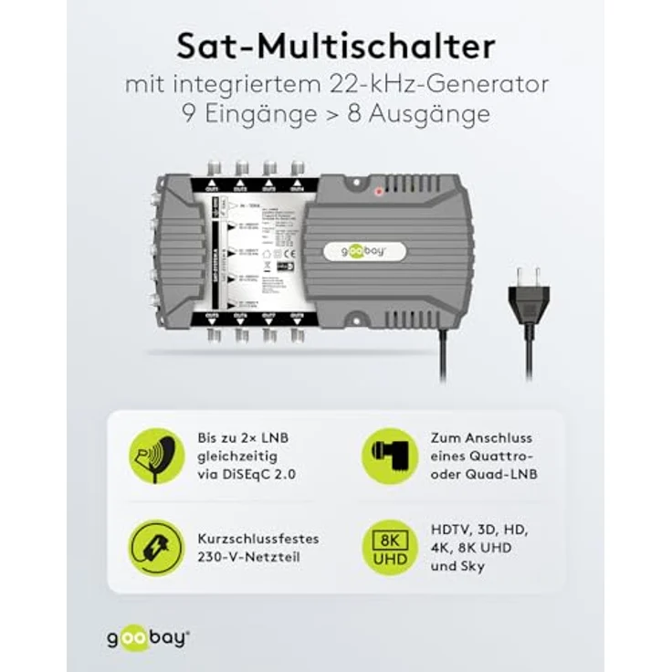 goobay 64880 Sat-Multischalter/Kompakt-Multischalter / 9 Eingänge / 8 Ausgänge / 4K, 8K UHD/DAB+ / für 8 Teilnehmer – Bild 2