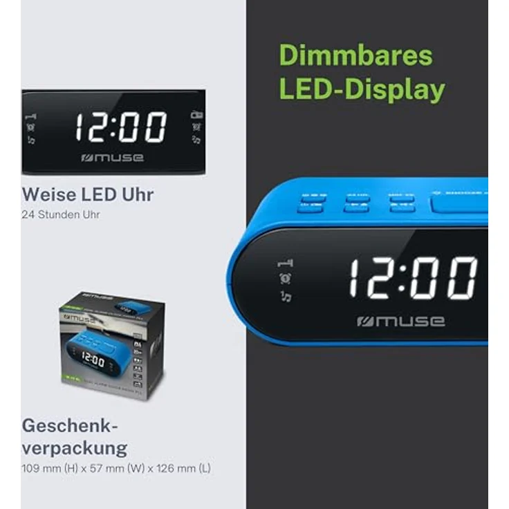 Muse M-10 BL Radiowecker mit LED-Display, zwei Weckzeiten, dimmbar, digitaler UKW-Tuner, 20 Senderspeicher, blau – Bild 4
