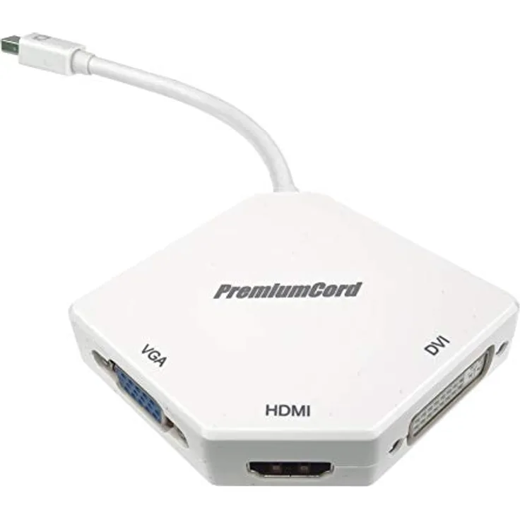 PremiumCord Adapter Mini Displayport auf HDMI + DVI + VGA, Video 4K @ 30Hz UHD 2160p (über HDMI), Full HD 1080p 60Hz, Kabellänge: 20cm, weiß