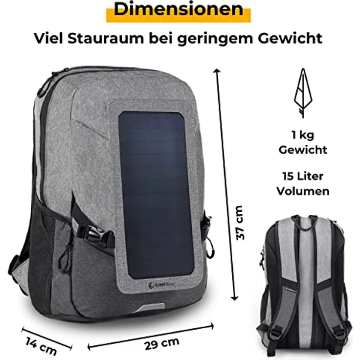 Sunnybag Explorer+ | Solar-Rucksack mit abnehmbarem 6 Watt Solar-Panel | USB-Anschluss | Inklusive Laptop-Fach für 15,6 Zoll Notebook | 15 Liter | Wasserabweisend | grau-schwarz – Bild 2