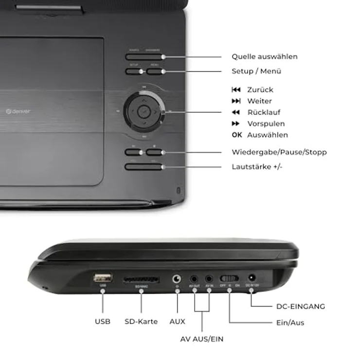Denver MT1097, Tragbarer DVD-Player mit 10 Zoll drehbarem Bildschirm, USB-Anschluss und Kopfstützenhalterung, Modell 2023 – Bild 6