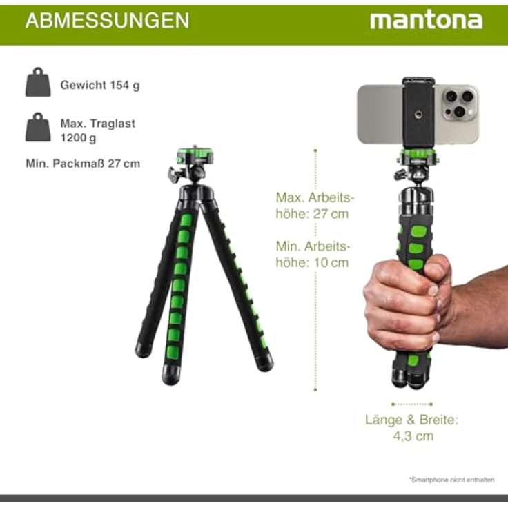 Mantona kaleido Flex leichtes Flex Stativ (mit hochwertigem 360° Kugelkopf, geeignet für Digital und Videokameras, Smartphones und Action Cams) lime green – Bild 8