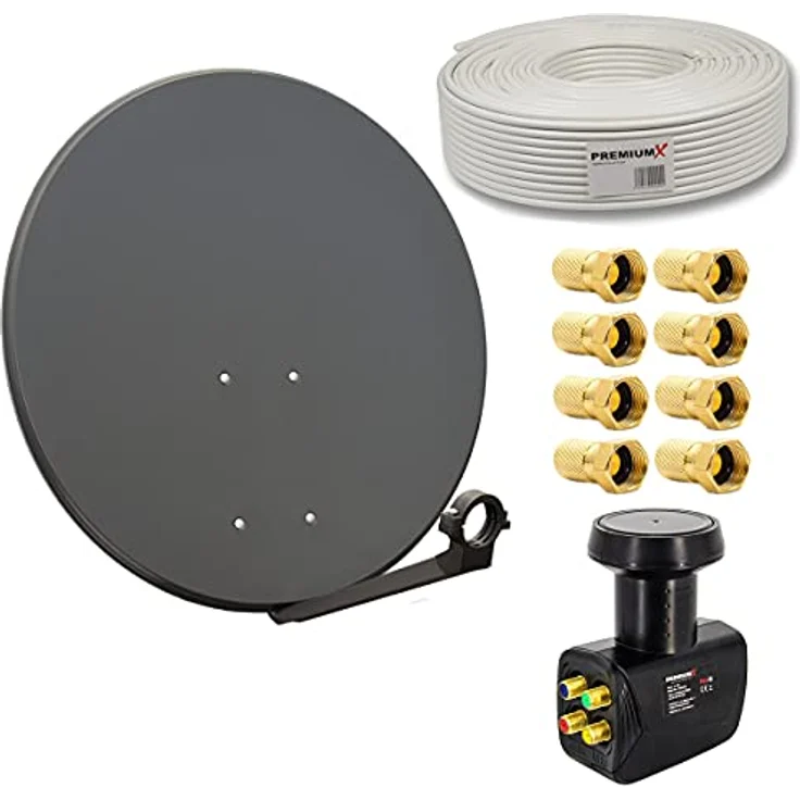 PremiumX SAT Anlage 80cm Antenne, Quad LNB mit 50m Kabel und 8x F-Stecker, anthrazit, Full HD Empfang – Bild 1