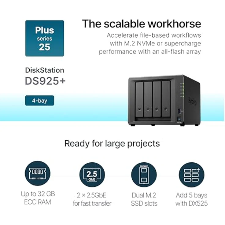 Synology NAS DS925+, 4 Einschübe, erweiterbare Kapazität bis 180 TB, 522/565 MB/s Lese-/Schreibdurchsatz – Bild 2