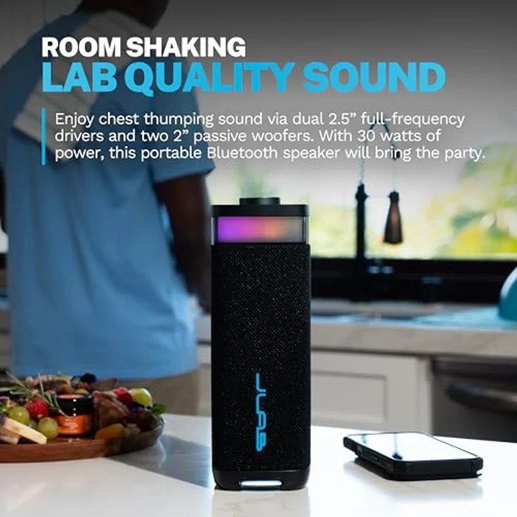 JLab JBuds Party, Tragbarer Bluetooth Lautsprecher mit 30W, 12H+ Akkulaufzeit, RGB Licht, IP56 wasserfest, Schwarz – Bild 2