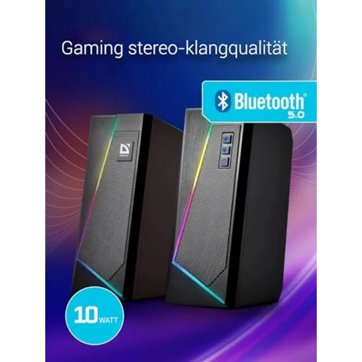 Defender® Solar 3, Desktop Lautsprecher für PC und Laptop, HiFi Stereo mit Bluetooth 5.0, 3,5mm AUX, 10W, 6 Farbige LED-Modi, Gaming Lautsprecher – Bild 2