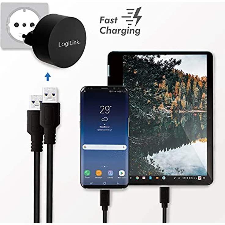 LogiLink PA0218 Fast Charging - USB Steckdosenadapter (2x USB-A, 10,5W) für Smartphones-Tablets-MP3-MP4 Player-eBooks-Navi-etc. mit Überlade-, Tiefentlade-, Überlast- und Kurzschlussschutz, schwarz – Bild 4