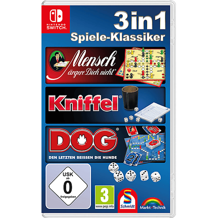 Schmidt Spiele Kollektion Volume 1, 3in1 Spieleklassiker für Nintendo Switch - Mensch ärgere Dich nicht, Kniffel & DOG, verschiedene Spielmodi und anpassbare Regeln