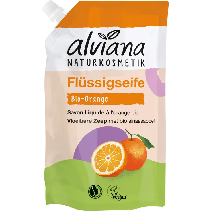alviana Naturkosmetik Bio-Orange Flüssigseife Nachfüllbeutel 500 ml – Sanfte, vegane Handseife für alle Hauttypen mit frischem Zitrusduft