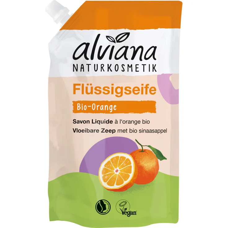 alviana Naturkosmetik Bio-Orange Flüssigseife Nachfüllbeutel 500 ml – Sanfte, vegane Handseife für alle Hauttypen mit frischem Zitrusduft