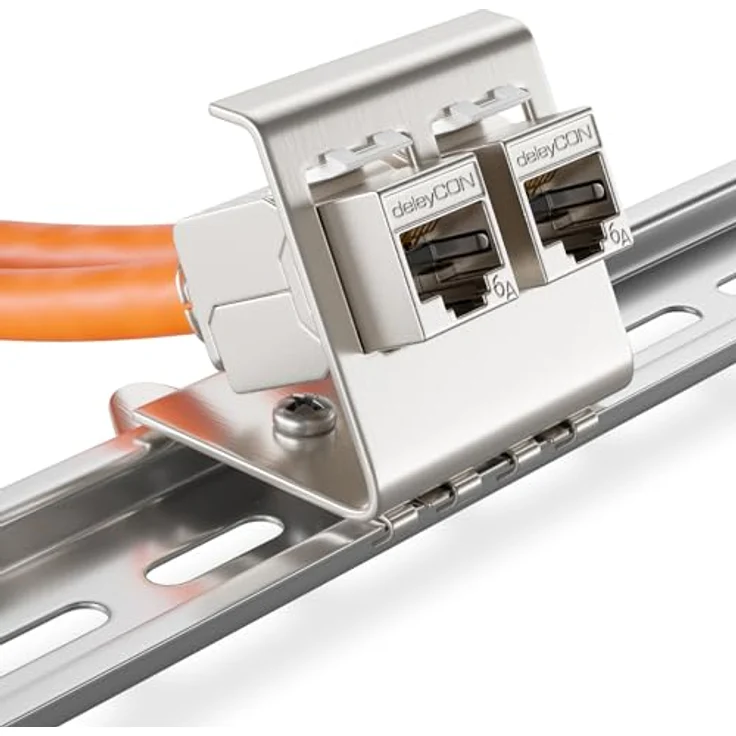 deleyCON 2x CAT6a Keystone Jack Modul Set, 10 Gbit/s mit 2-Port Hutschienenadapter, Metall STP geschirmt, silber – Bild 3