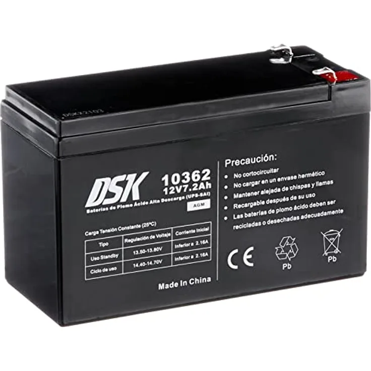 DSK 10362 High Discharge Sealed AGM Rechargeable Lead Battery 12V 7.2Ah Ideal for UPS-SAI, Security and Communication Systems, Emergency Lights.
