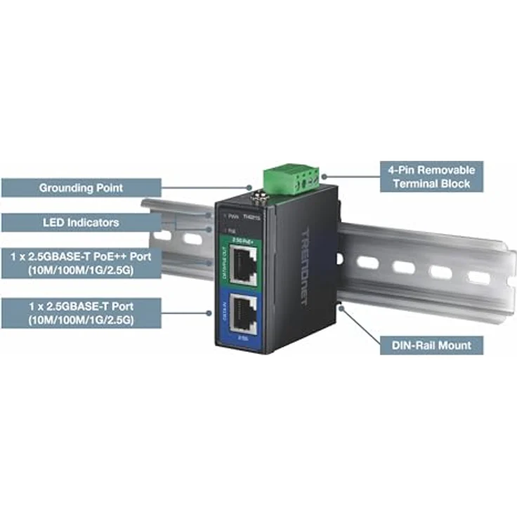 TRENDnet TI-IG219, Industrial 2.5G PoE++ Injector mit 95 W Leistung, IP50 Gehäuse, -40° bis 75°C Betriebstemperatur – Bild 3