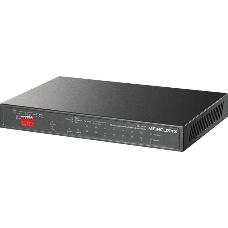Mercusys MS110GMP, 10-Port Gigabit Netzwerk Switch mit 8xPoE+ und 2xUplink, erweiterter Modus, Schwarz