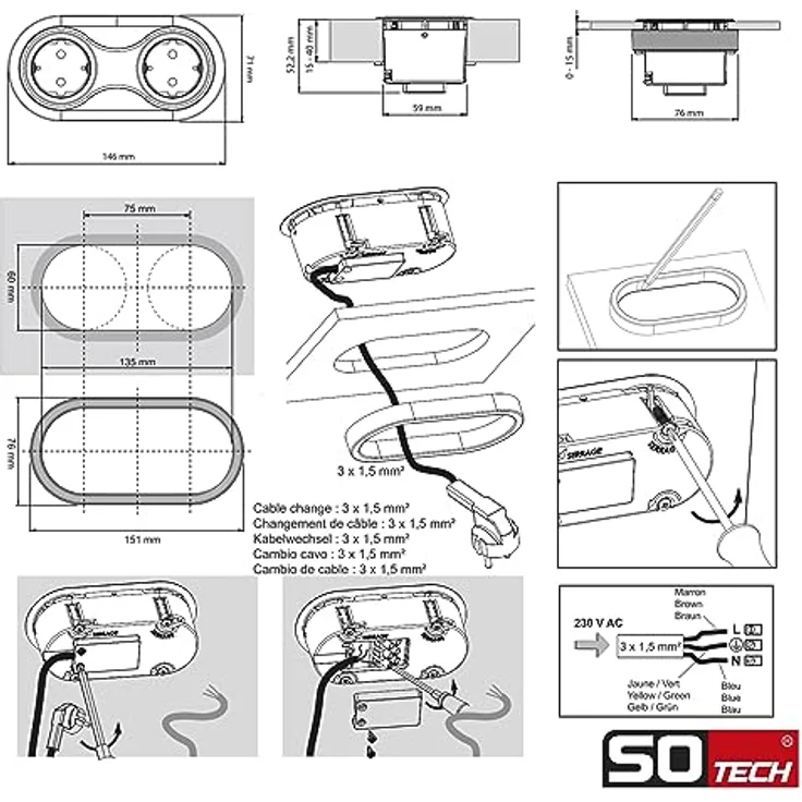 SOTECH Einbausteckdose mit 1 x USB-A und 1 x USB-C Anschluss, schwarzes Design, ultradünne Steckdosenleiste für Schreibtische und Schränke – Bild 2