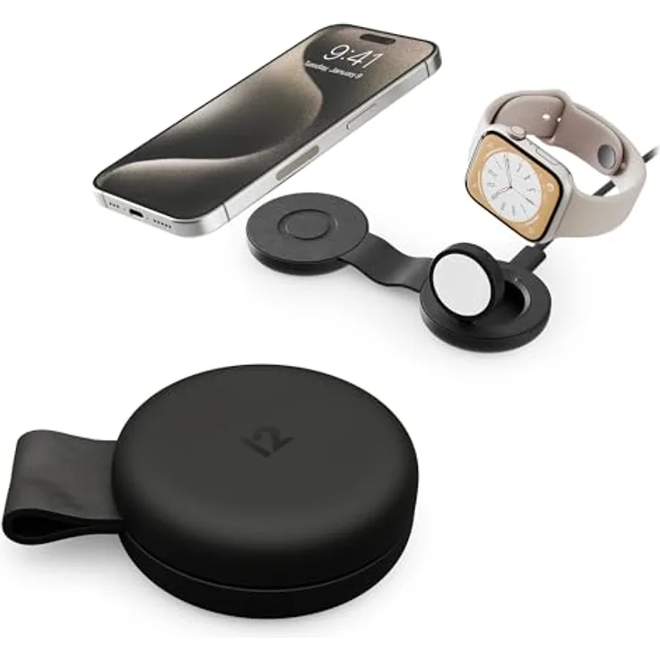 Twelve South Butterfly SE 2-in-1 Qi2 Reise-Ladegerät für iPhone, Airpods und Apple Watch Schwarz - Kabelloses Ladegerät für iPhone & Apple Watch mit zusammenklappbarem Design