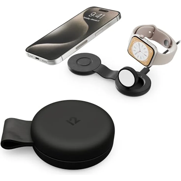 Twelve South Butterfly SE 2-in-1 Qi2 Reise-Ladegerät für iPhone, Airpods und Apple Watch Schwarz - Kabelloses Ladegerät für iPhone & Apple Watch mit zusammenklappbarem Design – Bild 1