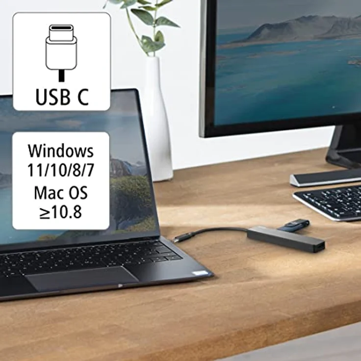 Hama USB C Hub, 5 Anschlüsse (USB C Adapter mit 480 Mbit/s High Speed, HDMI Splitter für 4K Qualität mit USB 3.0, Power Delivery), schwarz – Bild 5