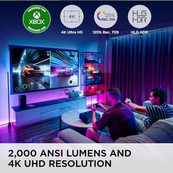 Viewsonic X2-4K Kurzdistanz LED Gaming Beamer (4K UHD, 2900 Lumen, HDR, 3D Kompatibel, TR0.69-0.83, 1.2x zoom, 2x HDMI, USB-C, 1x USB-A Reader, 2x 6 Watt Harman Kardon Lautsprecher, DESIGNED FOR XBOX) – Bild 2