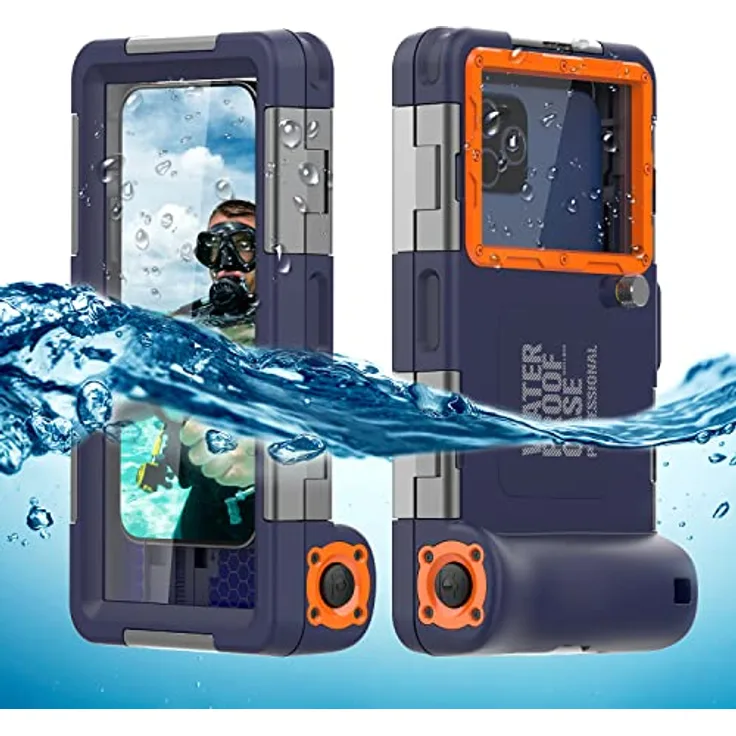 ShellBox Case Taucherhülle 2. Generation für iPhone/Samsung Galaxy Serie, universelle Handys [4,9-6,9 Zoll], Schnorcheln [15 m] Ganzkörperschutz (blau-orange)