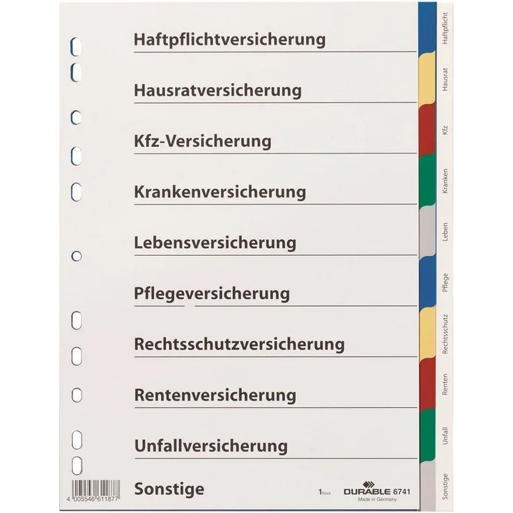 DURABLE Aktenordner DURABLE 6741 Register mit Index A4 Hoch farbsortiert - 10-teilig, für mehr Ordnung im Büro
