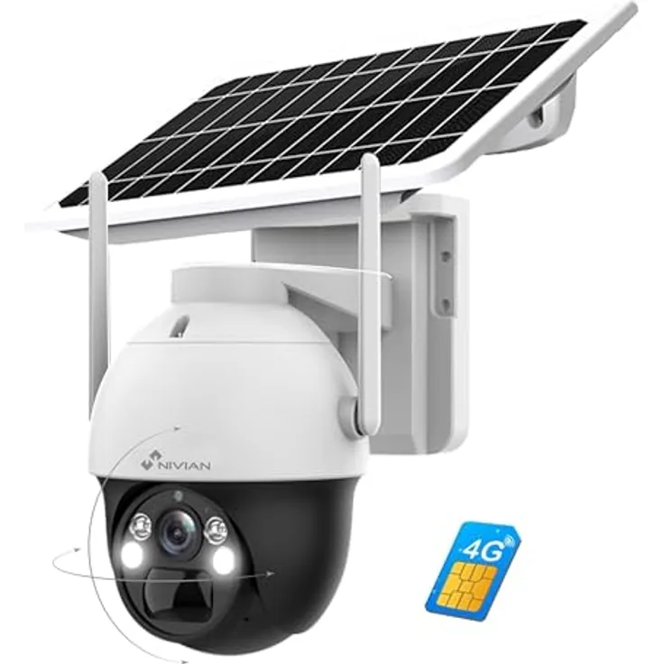 NIVIAN 4G Überwachungskamera 360 Grad mit Solarpanel 7W, 18000mAh | 2K HD, Bewegung & Menschenerkennung, Nachtsicht LEDs, wetterfest IP66, Kunststoff, Kuppel