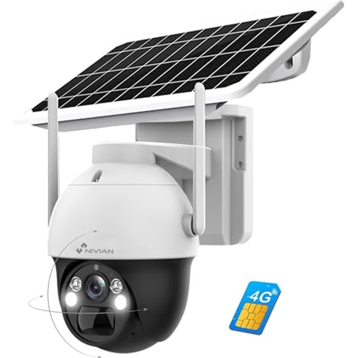 NIVIAN 4G Überwachungskamera 360 Grad mit Solarpanel 7W, 18000mAh | 2K HD, Bewegung & Menschenerkennung, Nachtsicht LEDs, wetterfest IP66, Kunststoff, Kuppel – Bild 1