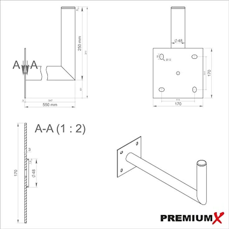 X 55cm Wandhalter Stahl verzinkt SAT Antenne Wandhalterung Wand Montage Halter Wandabstand 55 cm - Preisvergleich – Bild 3