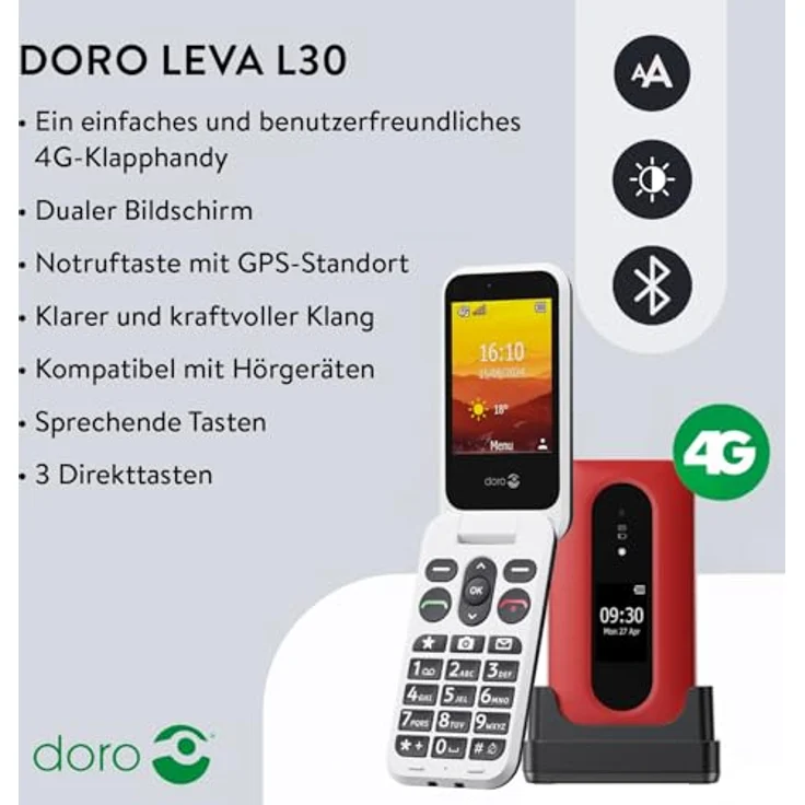 Doro Leva L30 / Rot & Weiß, Seniorenhandy mit einfachem Bedienkonzept – Bild 2