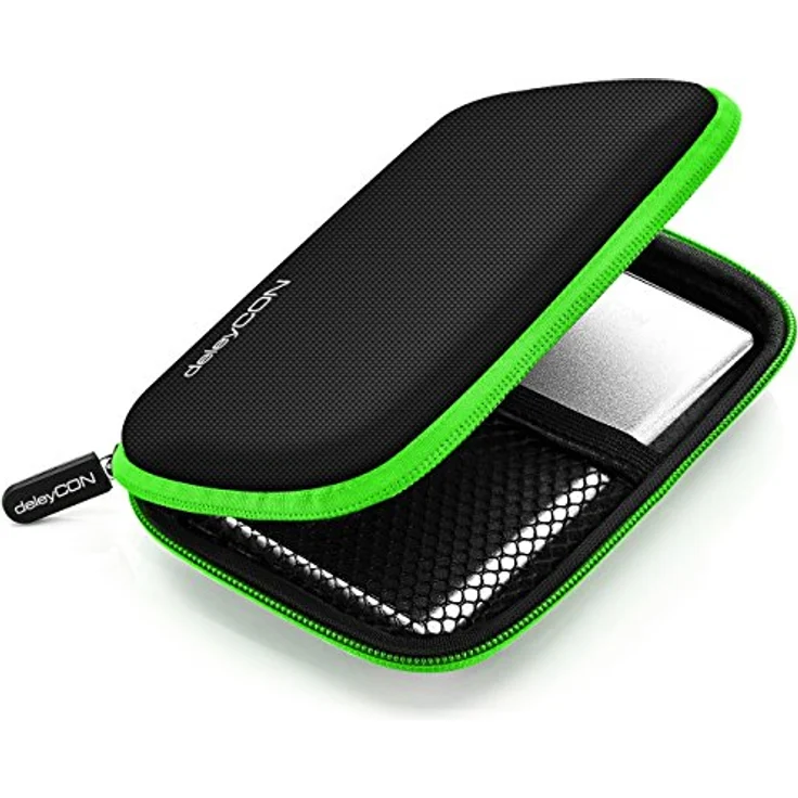 deleyCON Festplattentasche HDD Case für 2,5 Zoll Festplatten und SSD, robust & stoßsicher, 2 Innenfächer, schwarz/grün – Bild 2