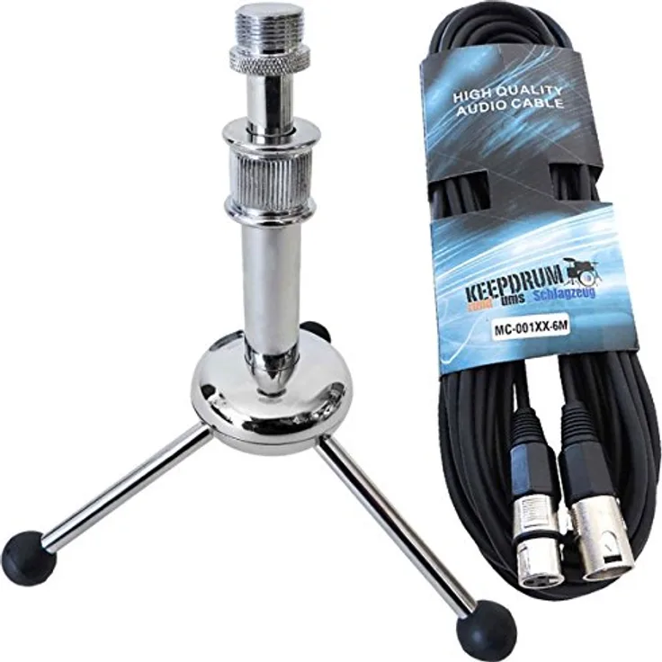 keepdrum MS055 Tisch-Stativ Tripod Dreibein Mikrofonständer + 6m XLR Mikrofonkabel