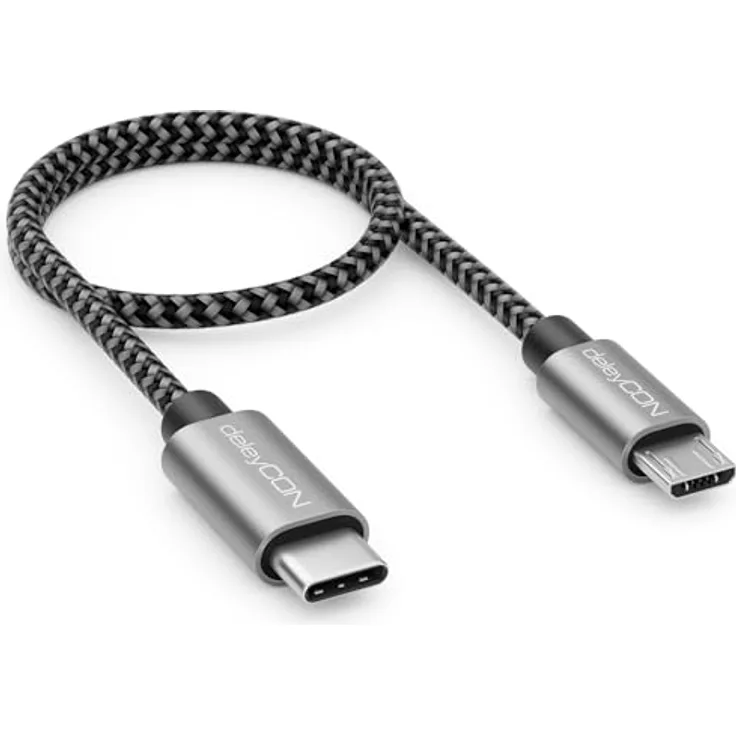 deleyCON 0,30m USB C auf Micro USB Kabel Adapter 30cm Kurz - Schwarz - Schnellladefunktion, Datenübertragung bis zu 480Mbps, Aluminiumgehäuse