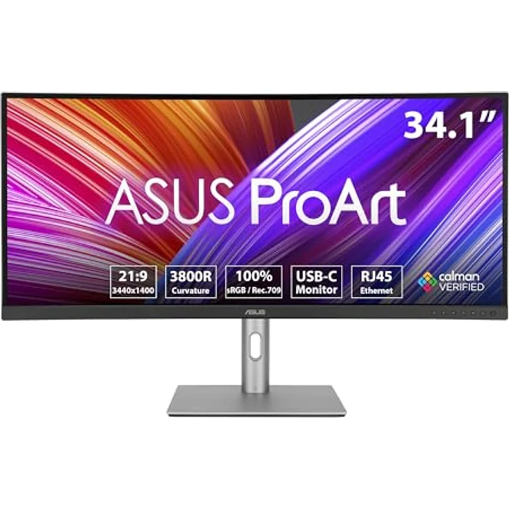 ASUS ProArt PA34VCNV - 34 Zoll UWQHD Professioneller Curved Monitor - 21:9 IPS, 3440x1440, 60 Hz - ergonomisch, Calman, hohe Farbtreue, HDR 10 - RJ45, DisplayPort, HDMI, 96W USB-C, USB-Hub, Speaker – Bild 1