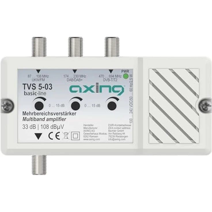 Axing TVS00503 Mehrbereichsverstärker DAB+, DVB-T, UKW, 33 dB, integriertes Mobilfunk-Sperrfilter, energieeffizient mit 2,5 W – Bild 1