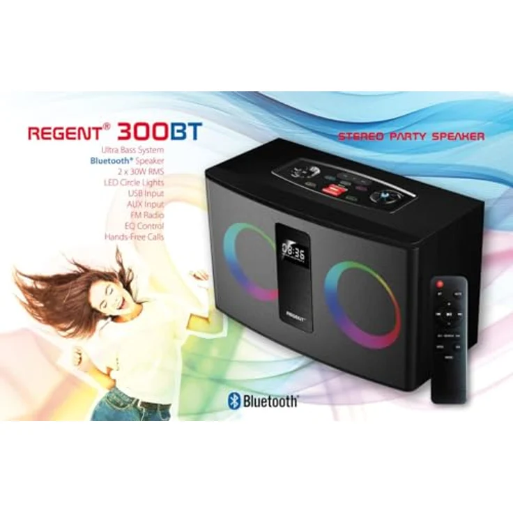 Ferguson Regent 300BT, Bluetooth Lautsprecher 60W mit FM-Radio, USB/AUX, RGB-LEDs, Ultra Bass, Holzgehäuse, kompakte Hi-Fi Party Box – Bild 5