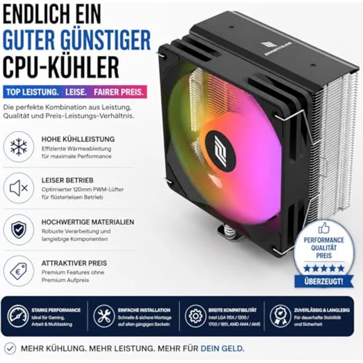 Silentware CPU Kühler Bora RGB, 5 Heatpipes, 120mm PWM A-RGB Lüfter, Kompatibel mit LGA 115X/1200/1700/1851 und AM4/AM5, bis 215W TDP – Bild 6