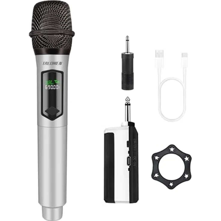 talomen Professionelles kabelloses Mikrofon K60-1, 2,4 GHz, dynamisch, wiederaufladbar, 160ft Reichweite, silbrig, inkl. Empfänger für Karaoke und DJ-Events – Bild 1