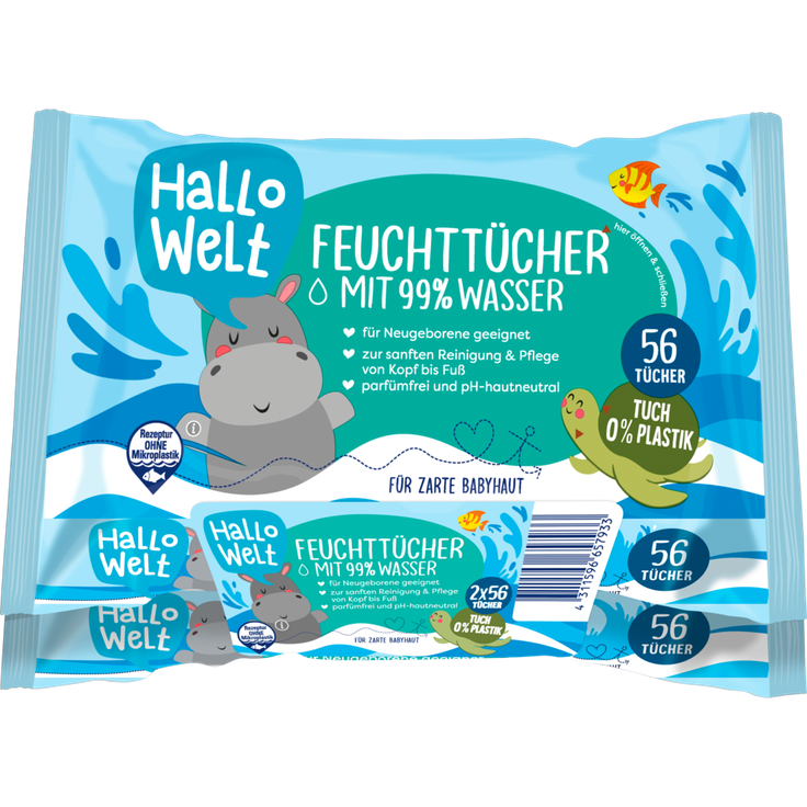 Hallo Welt Feuchttücher mit 99 % Wasser