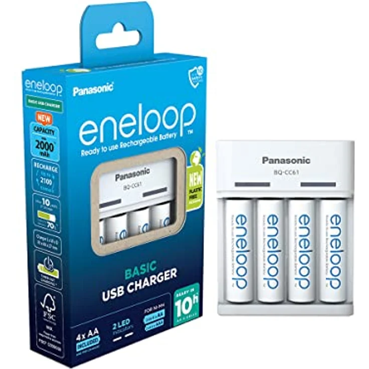 Panasonic eneloop Basic USB Ladegerät für 2oder4 AA/AAA NI-MH-Akkus, 6 Sicherheitsfunktionen, MicroUSB-Ladekabel, inkl.4 eneloop AA/Mignon-Akkus, verbesserte Kapazität von min. 2000mAh, blue, 52061040 – Bild 1