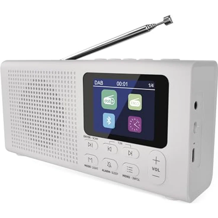EMOS E0091 DAB+ Radio mit Bluetooth und Dual-Stromversorgung, tragbares Digitalradio mit Wecker, Sleeptimer, 40 Speicherplätzen und TFT LCD Farbdisplay, Weiß – Bild 1